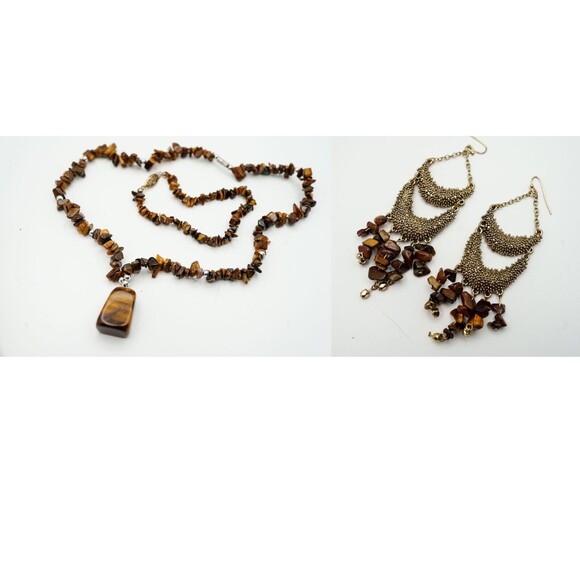 Tigers eye 17 " necklace bracelet 8" and earring set gold tone parure - Picture 1 of 10